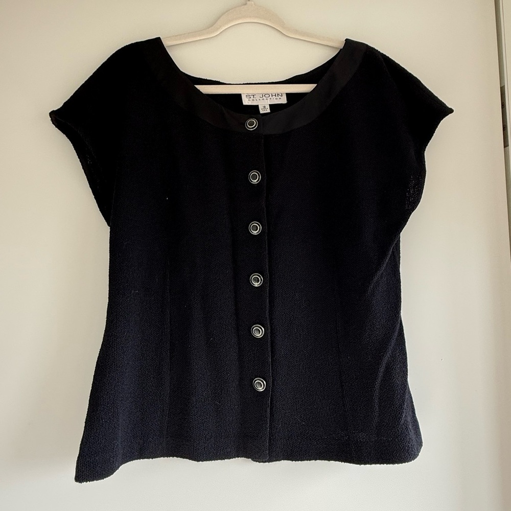 St. John Collection Scoop Neck Button-Up Top — Black (Size XL / US 12)